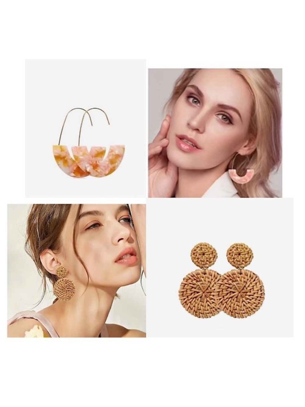 Earrings Pink Tortoise Half Moon Threader & Handwoven Rattan Round Drop Earrings